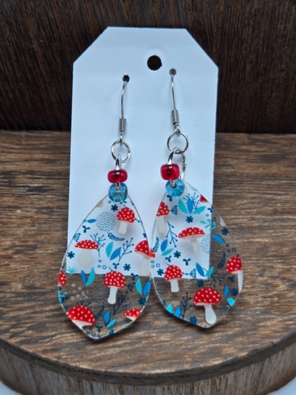 NWT Red Mushroom Earrings Pierced Acrylic Glass Beads Cottagecore Dangle Drop